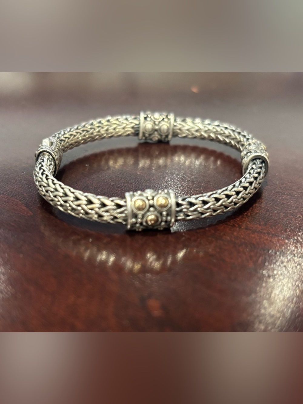 John Hardy Silver and Gold Braided Station Bracelet with Decorative Beads - Picture 2 of 10
